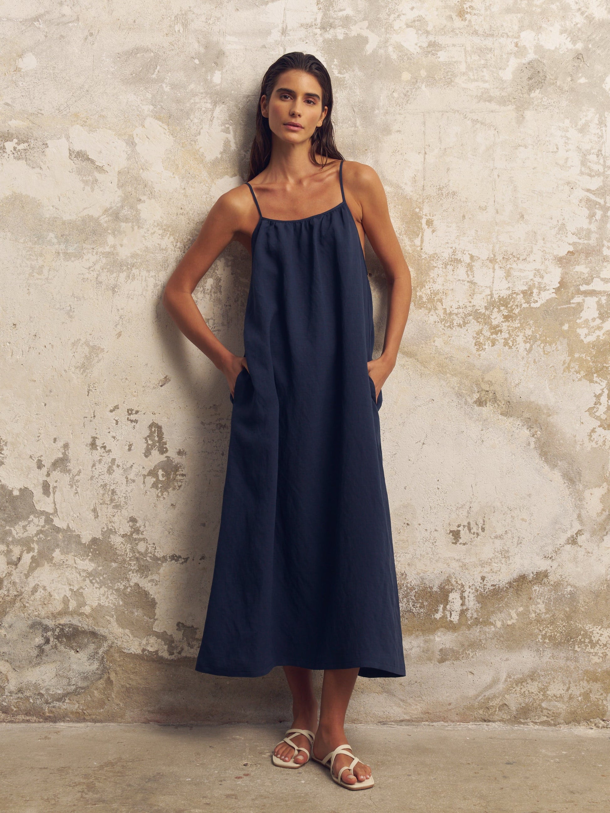Bohemian blue spaghetti linen dress 