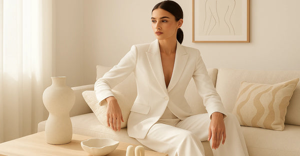woman dress with a luxurious pant and jacket white outfit   sitting on a modern living room 