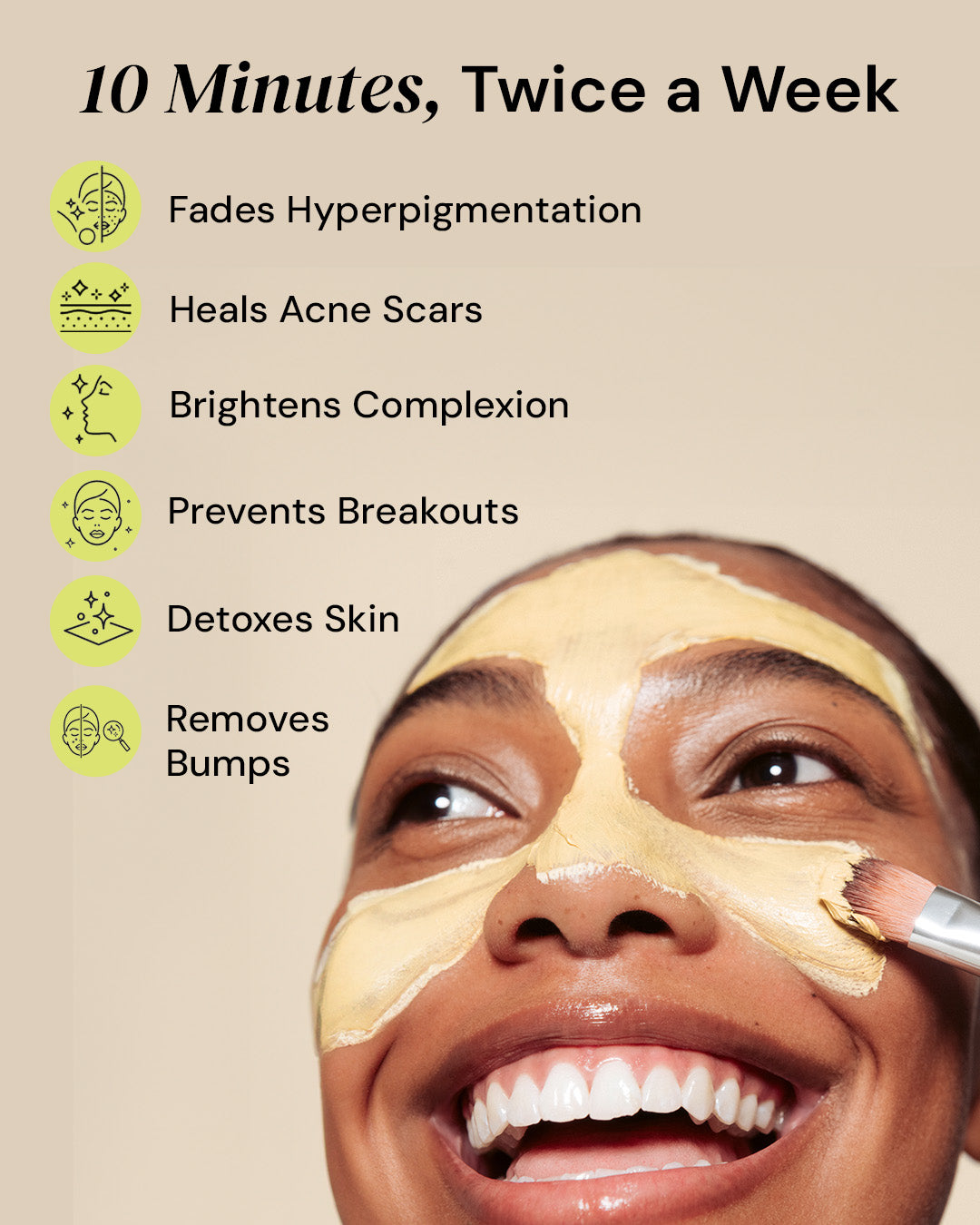 Woman applying a facial mask with text highlighting benefits on a beige background