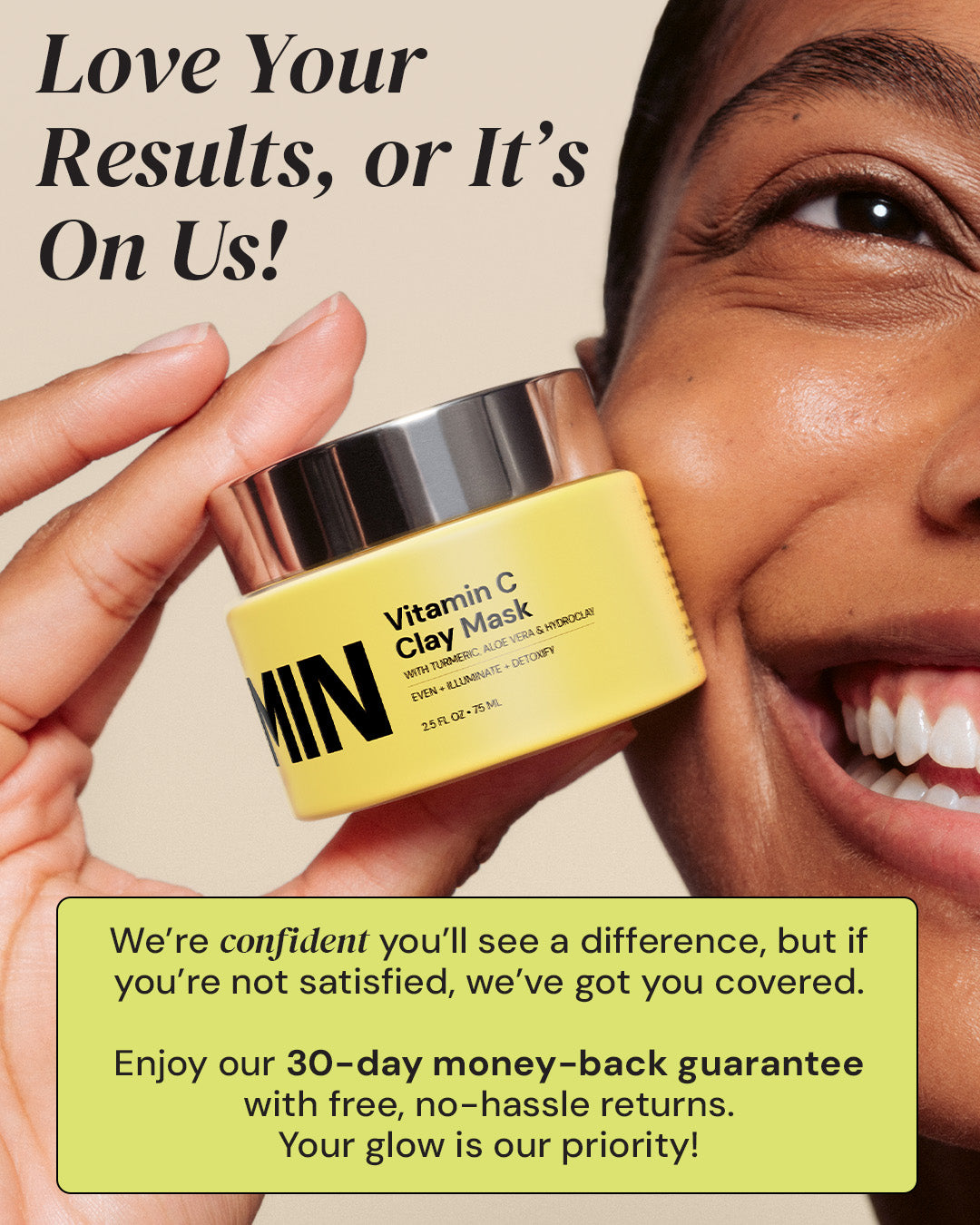 Person holding a yellow vitamin C clay mask with promotional text on a beige background