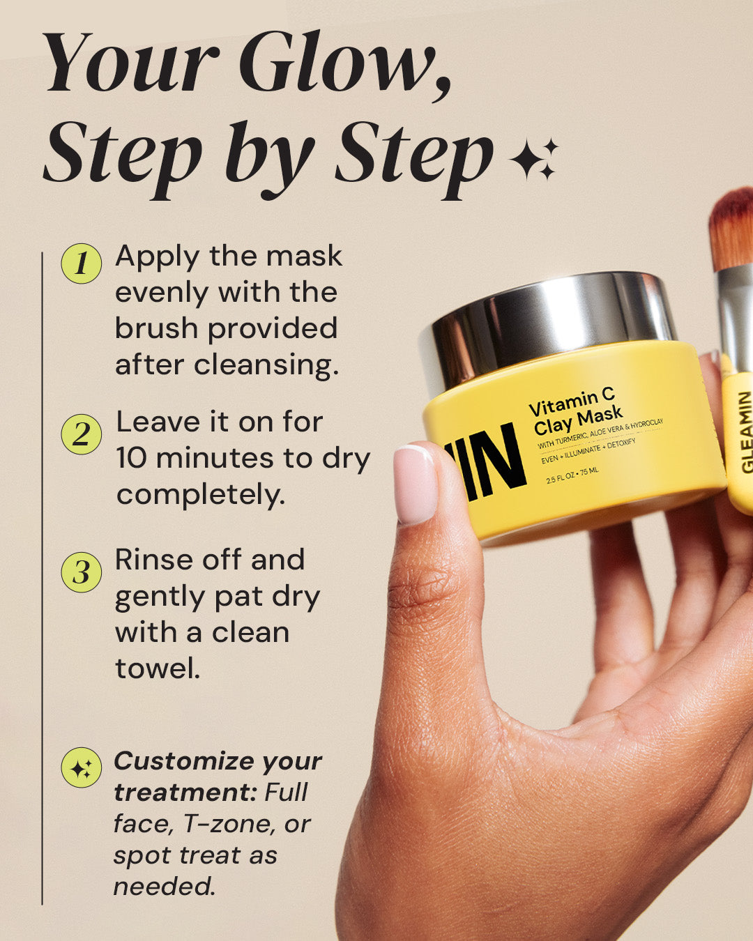 Yellow jar of Vitamin C Clay Mask with instructions and a brush on a beige background