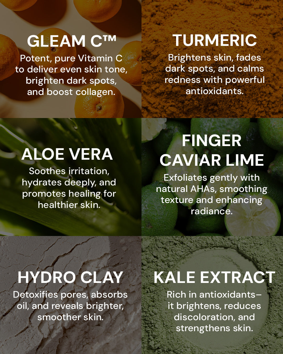 Product ingredients with text labels on a dark background