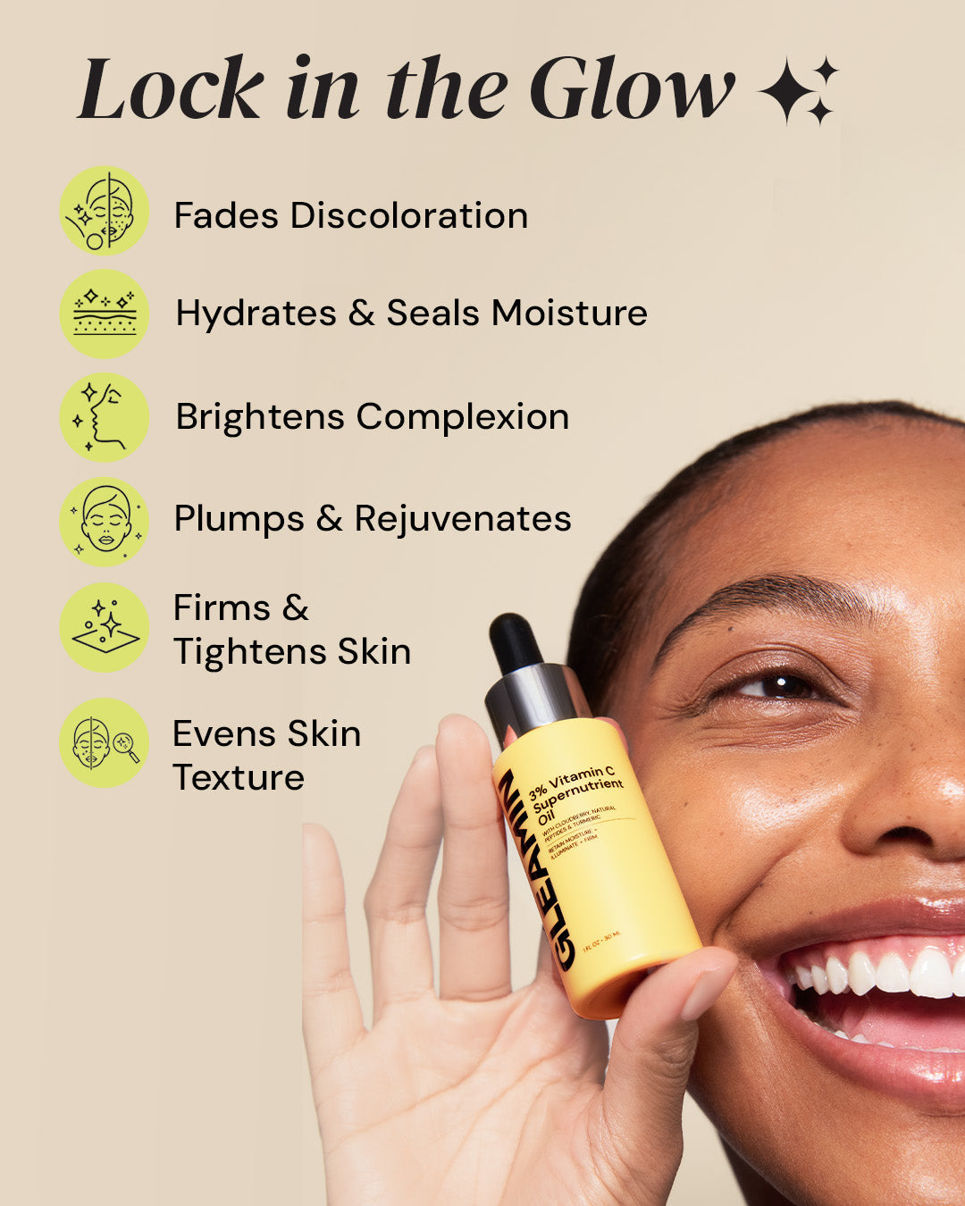 Woman holding a skincare bottle with product benefits listed on a beige background