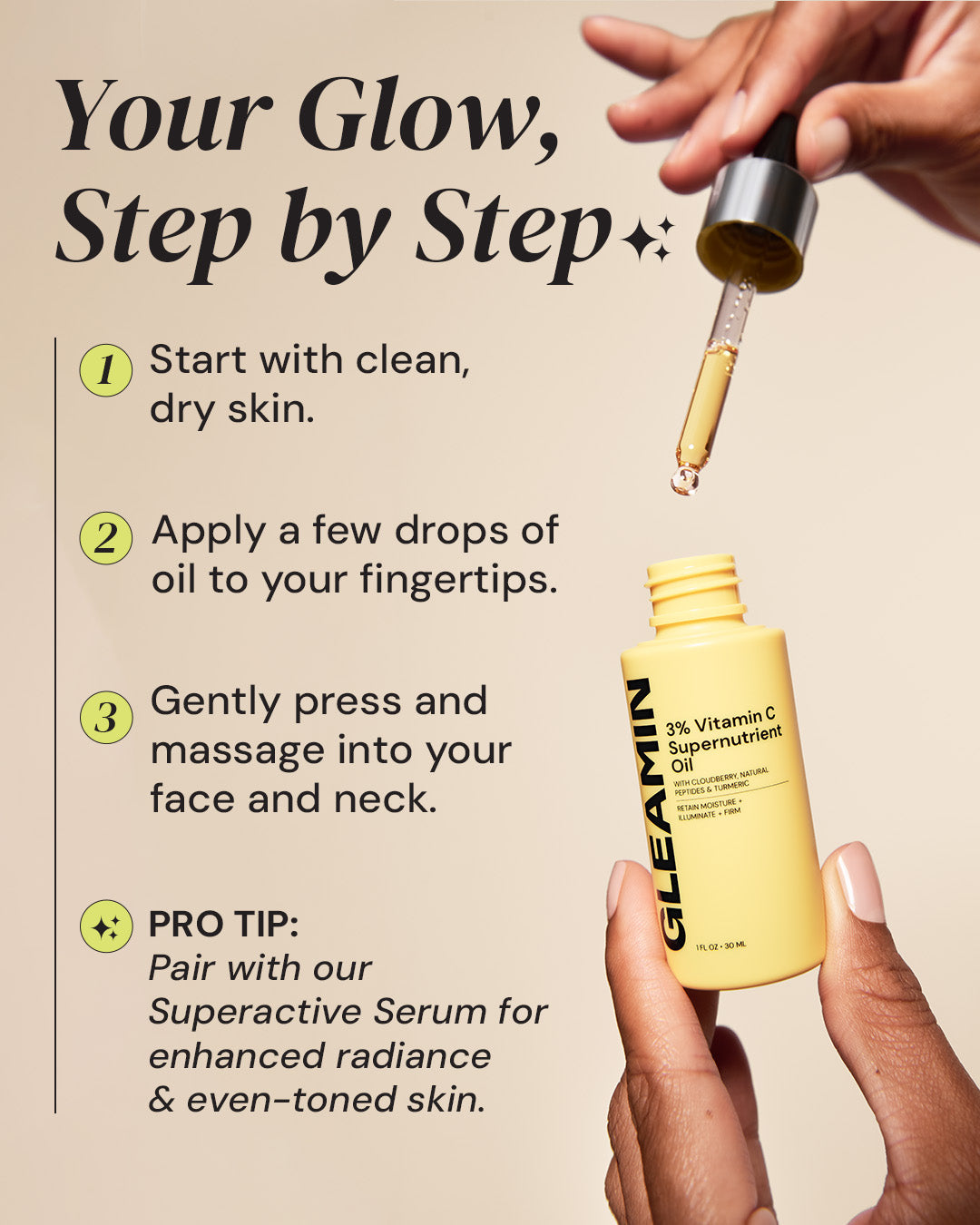 Gleamin oil bottle with dropper and text on a beige background