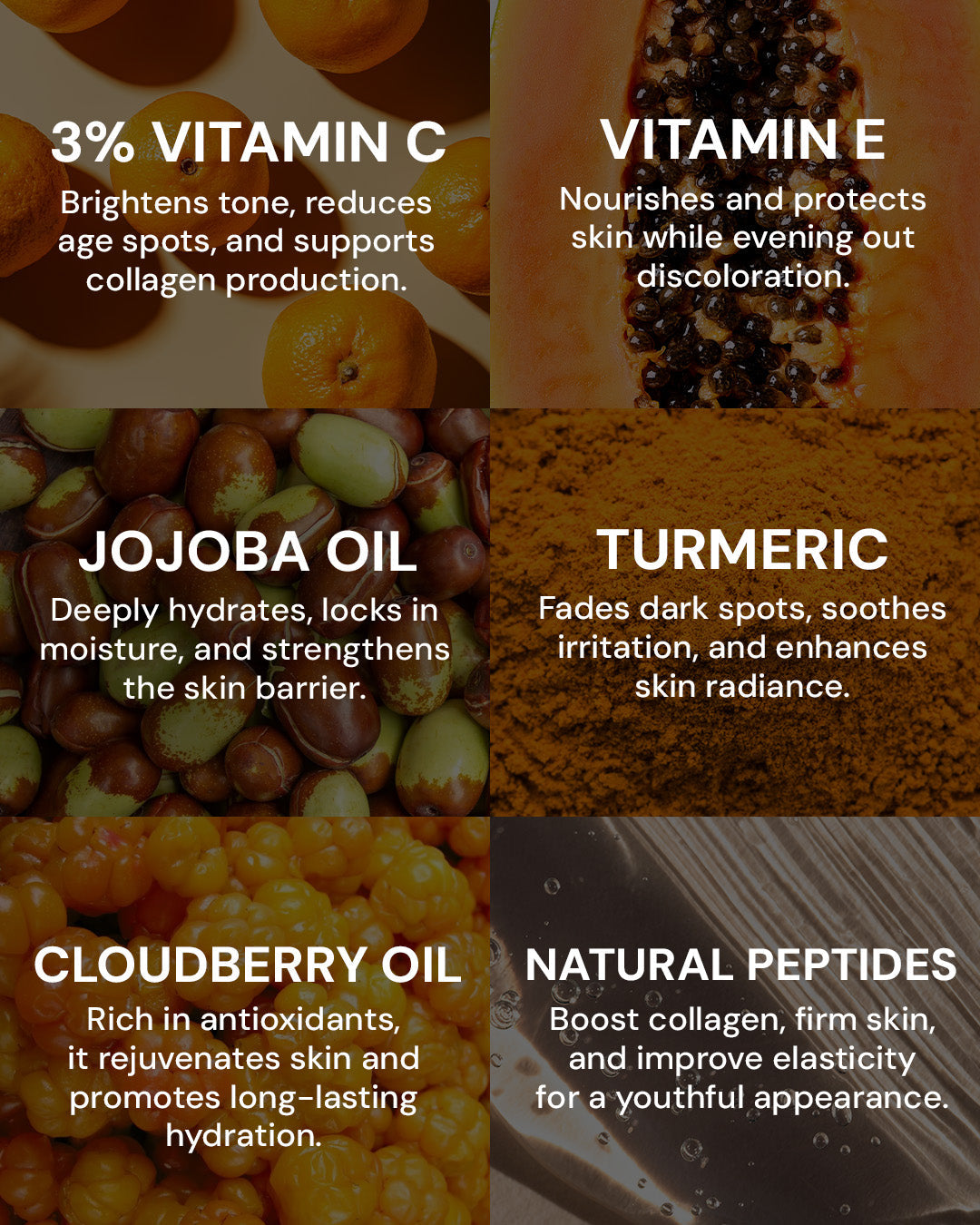 Collage of skincare ingredients with their benefits on a dark background