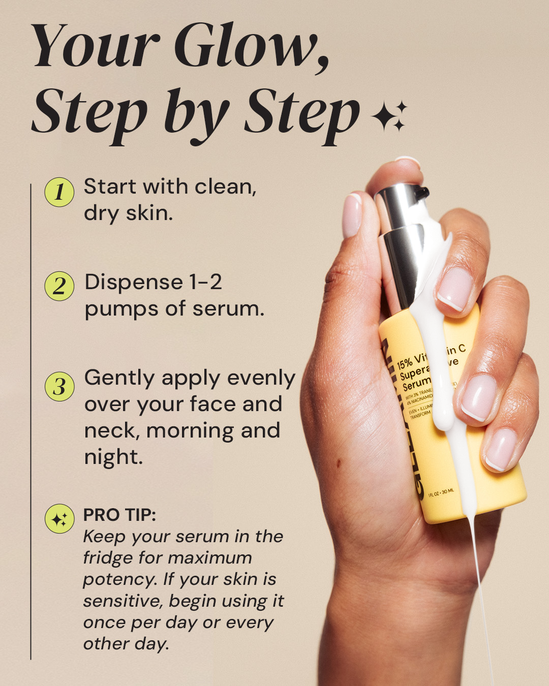 Hand holding a yellow serum bottle with application instructions on a beige background
