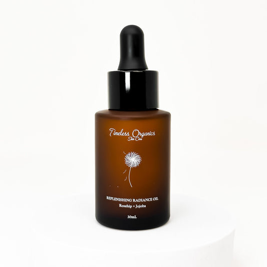 Brown bottle with black dropper labeled 'Timeless Organics' 