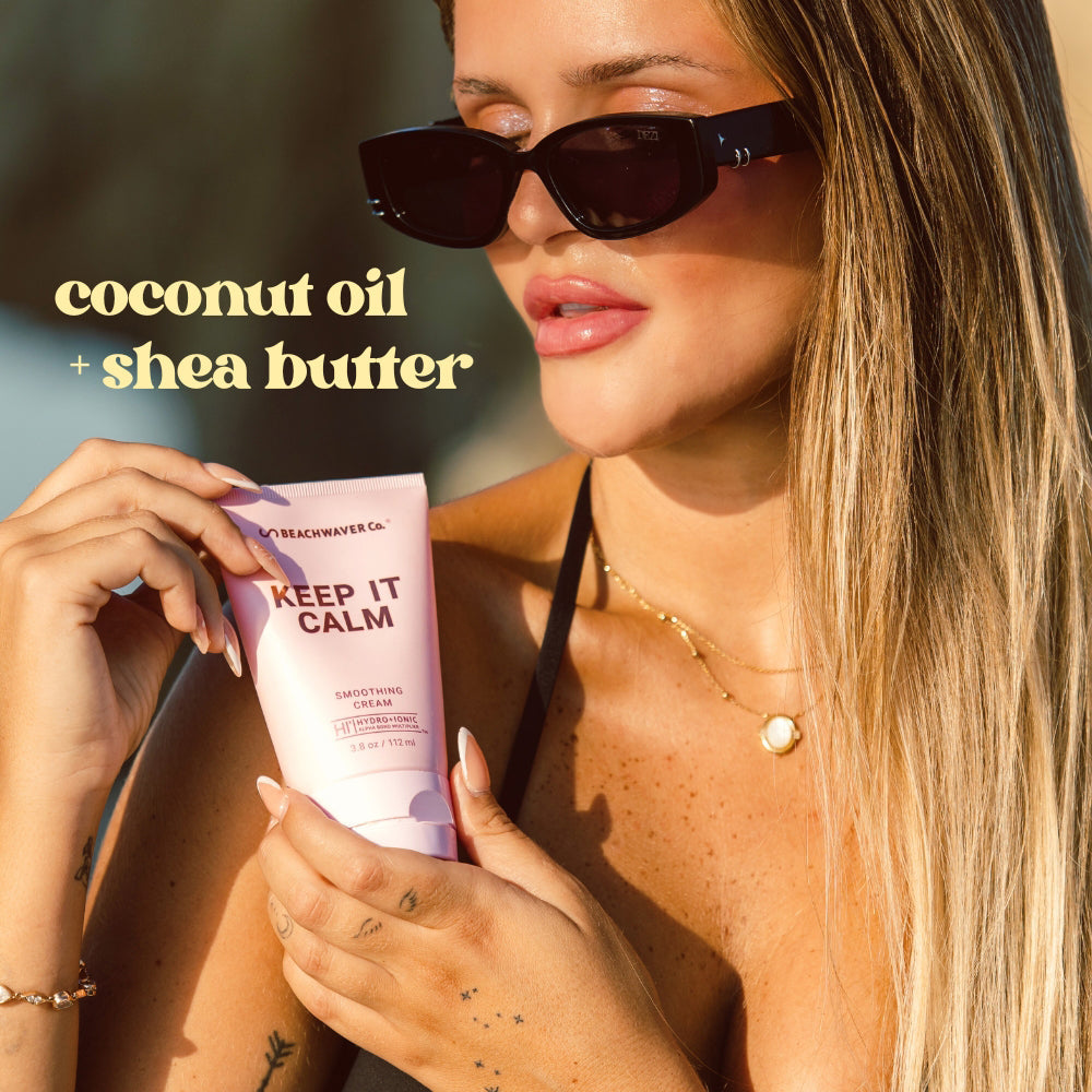 'Keep It Calm' sunscreen cream with text 'coconut oil + shea butter for your hair 