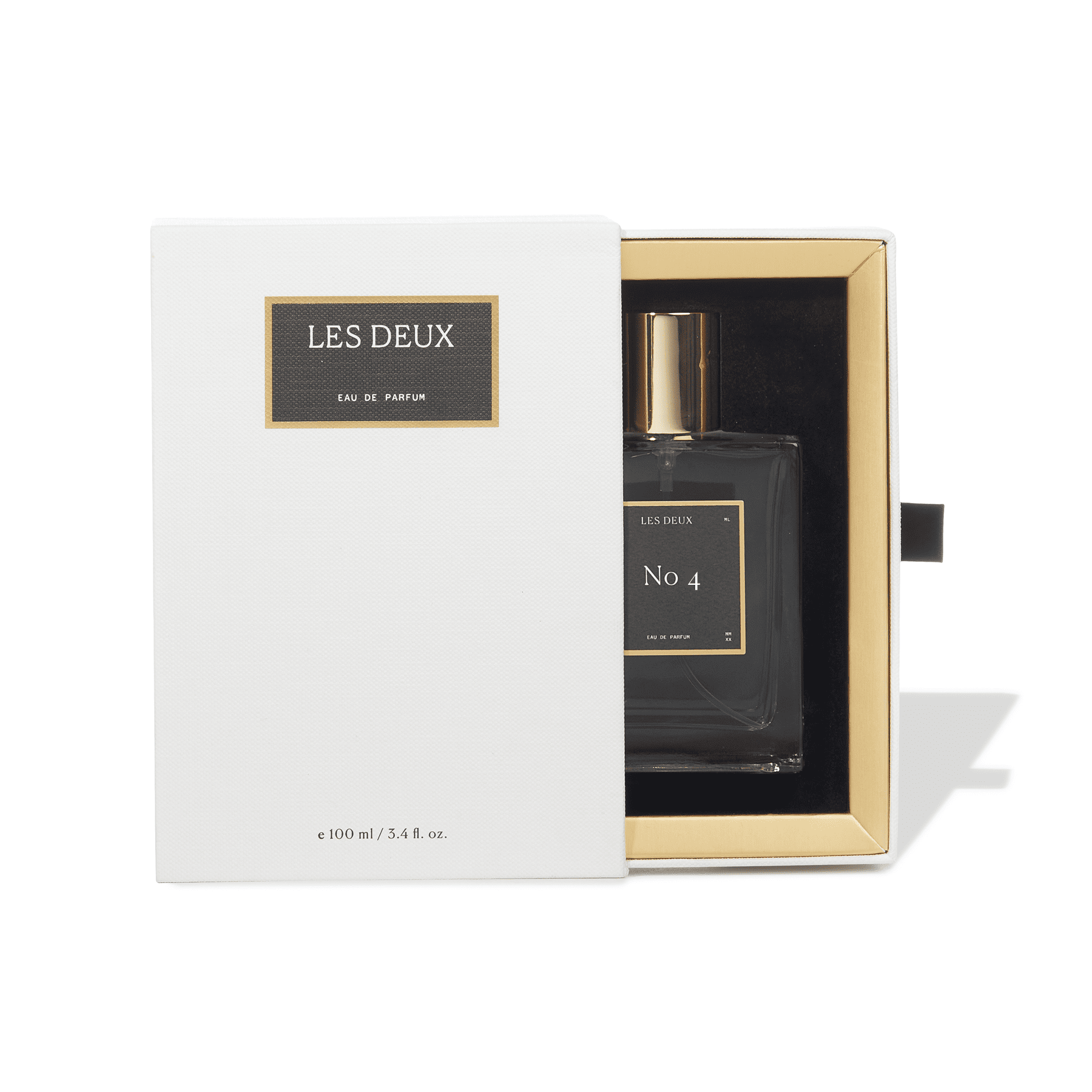 Perfume bottle with packaging labeled 'Les Deux' 