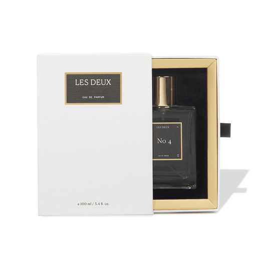 Perfume bottle with packaging labeled 'Les Deux' 