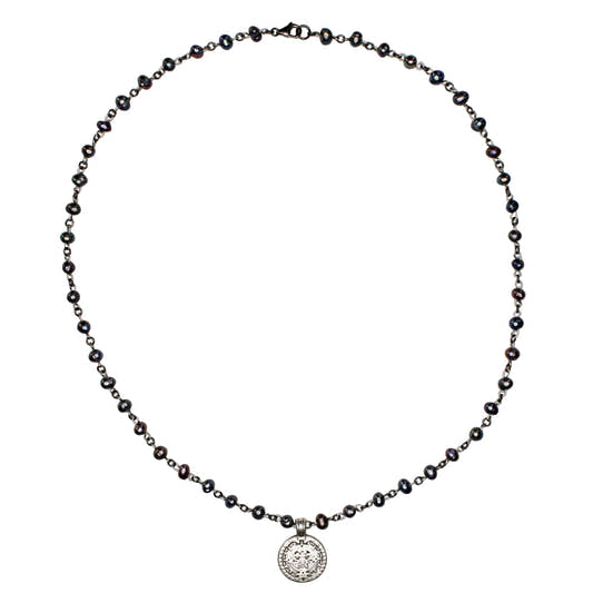 Black Pearl Necklace with Aztec Coin Pendant necklace from Uplift Luxe