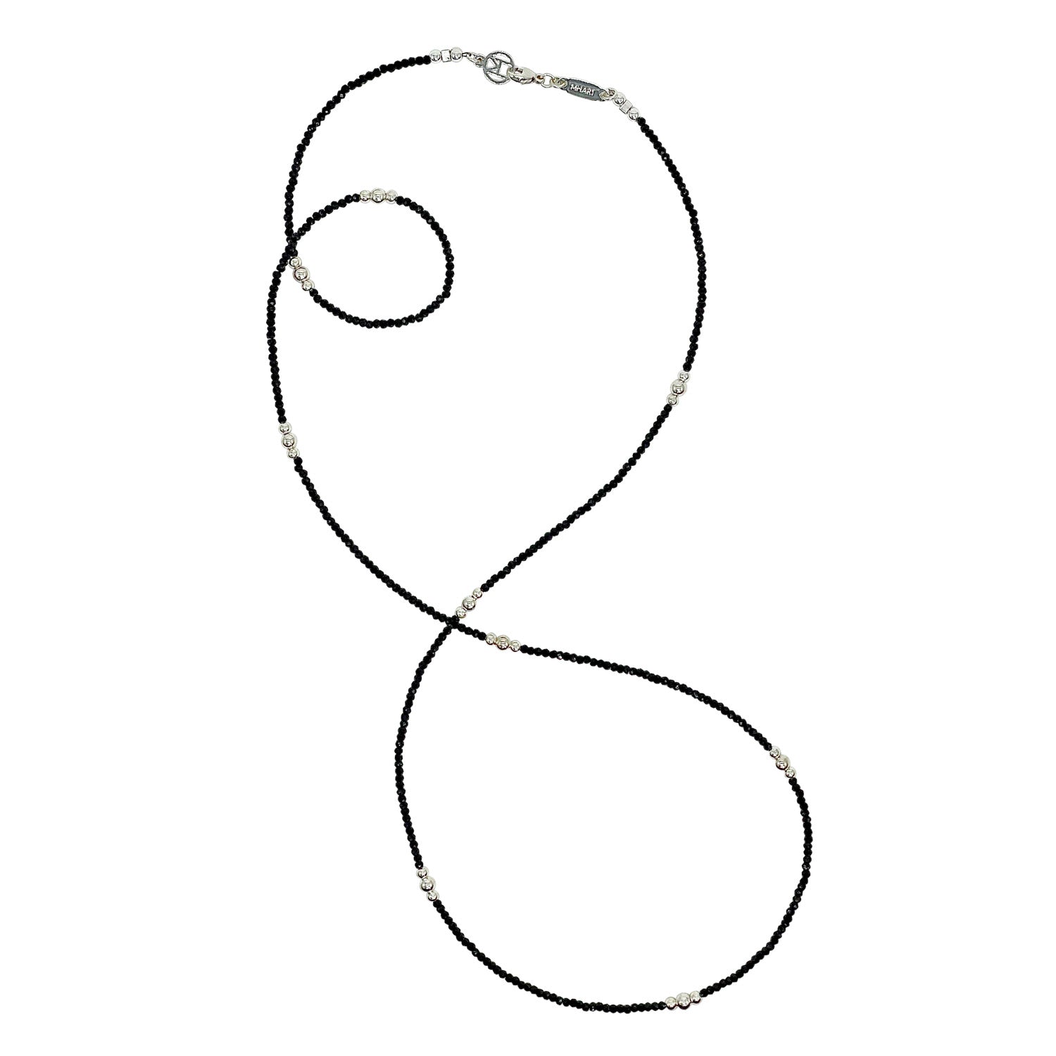 Black beaded necklace with silver clasp on a white background