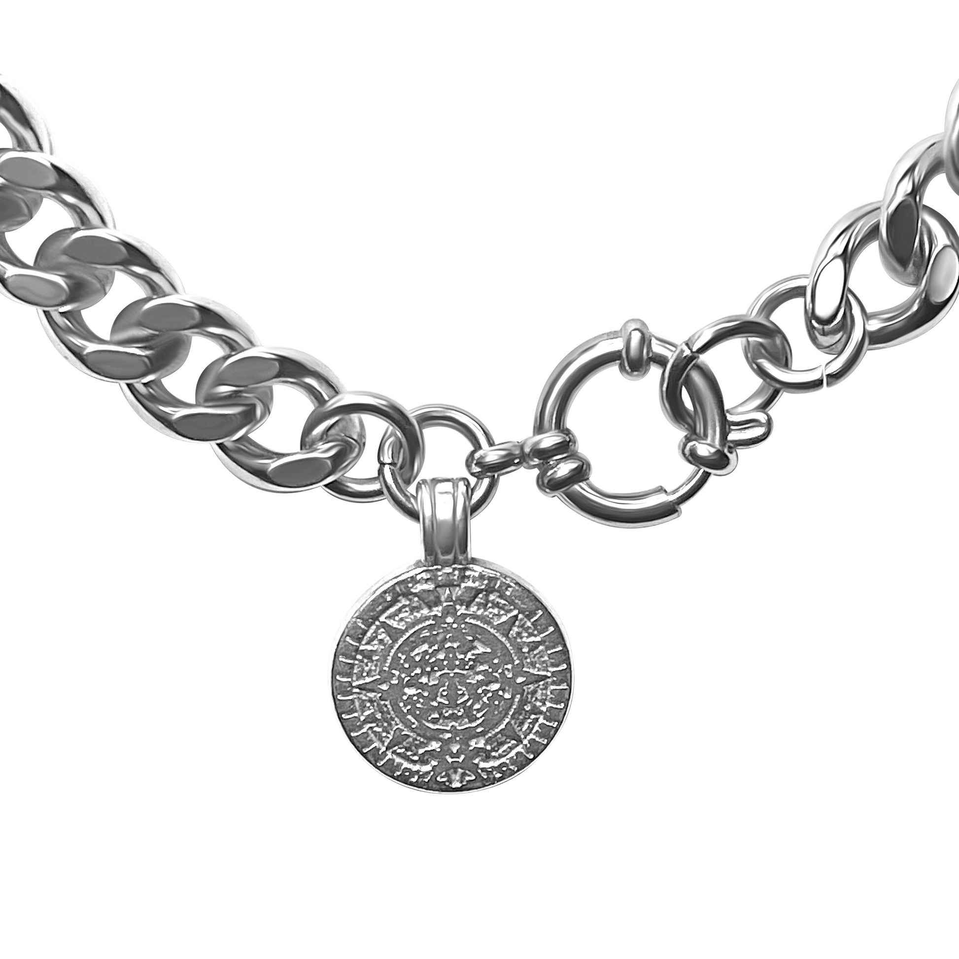Silver chain necklace with a round pendant on a white background