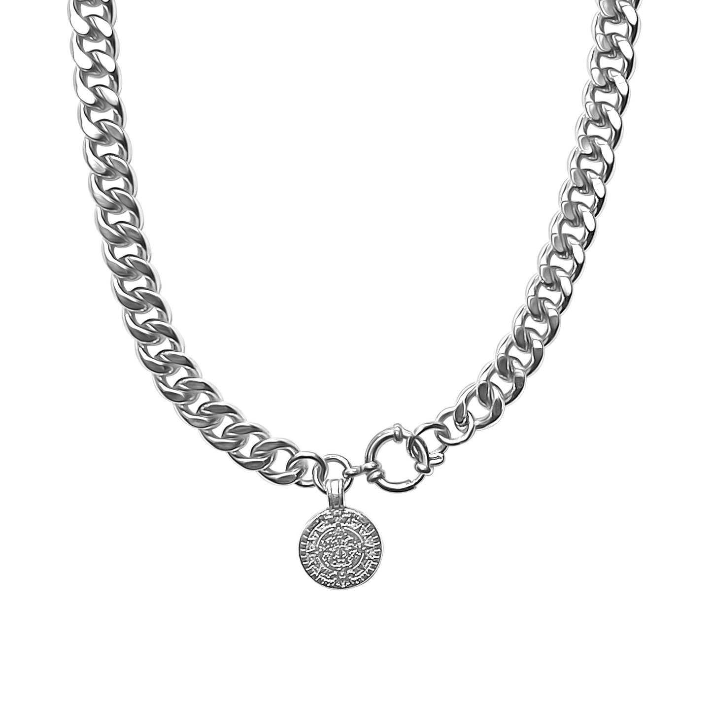 Silver chain necklace with a round pendant on a white background
