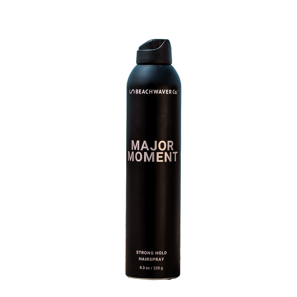 Black hairspray can labeled 'Major Moment by Beachwaver 