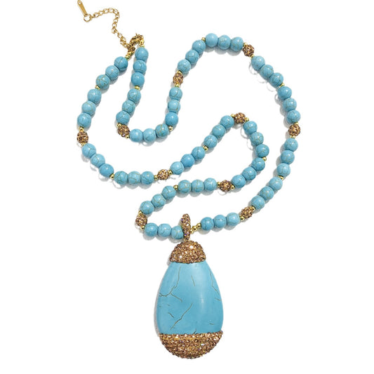 Ball bead chain necklace with turquoise water droplet pendant