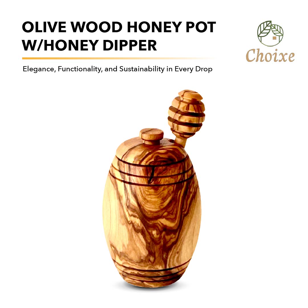 Olive wood honey pot with honey dipper , featuring elegance , functionality and sustainability 