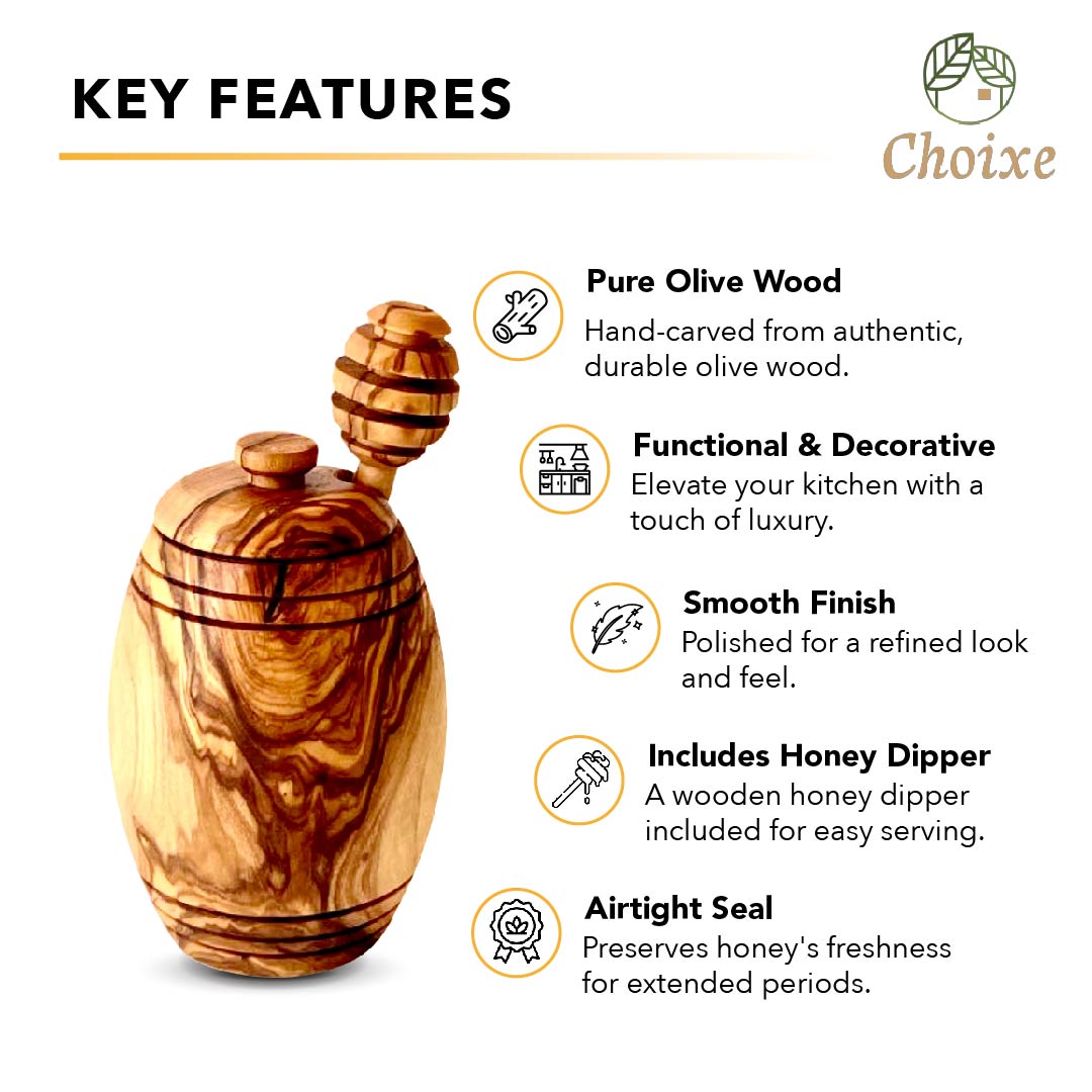 Wooden honey container with honey dipper made in usa from pure olive wood 