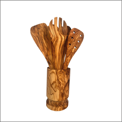 Set of wooden kitchen utensils in wood holder 