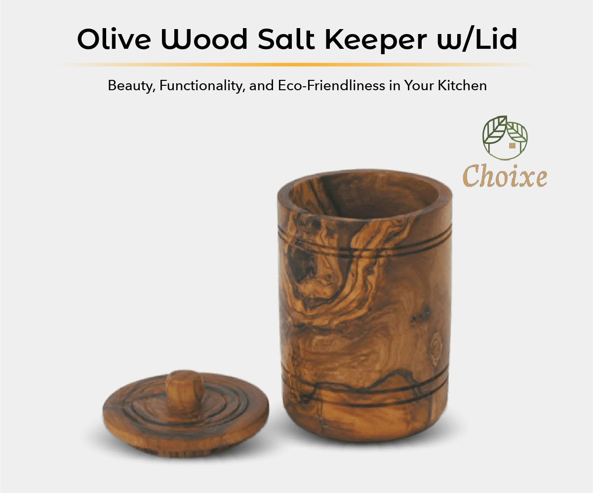 Olive wood salt keeper with lid  featuring the brand 'Choixxe' made in usa 