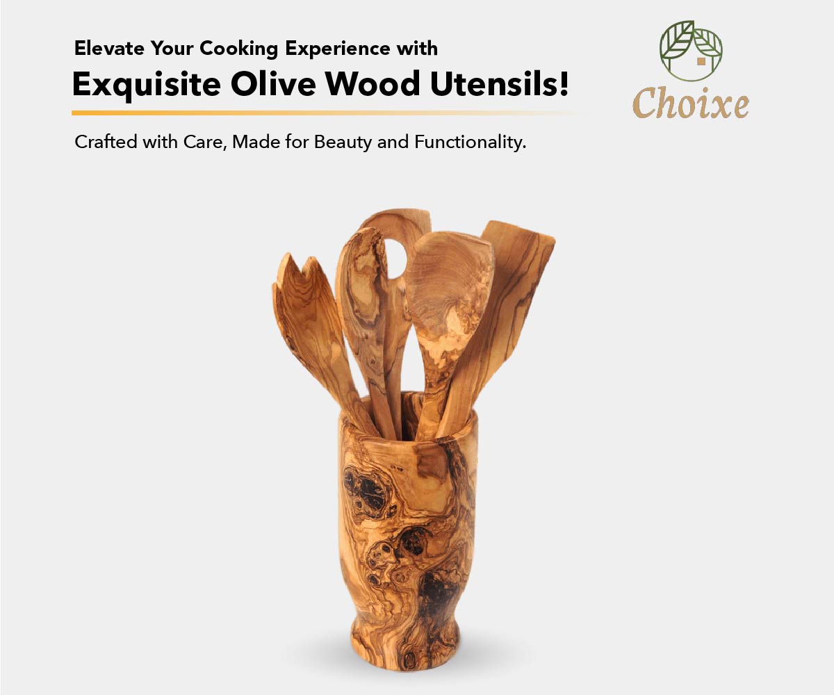 Set of wooden utensils in a holder  crafted with care all by hand 