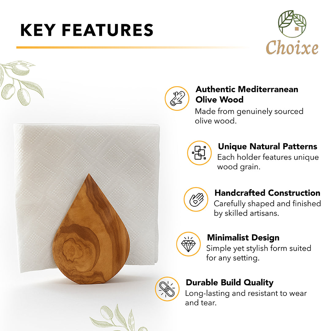 Wooden olive oil bottle holder with 'Choixe' branding and key features listed.