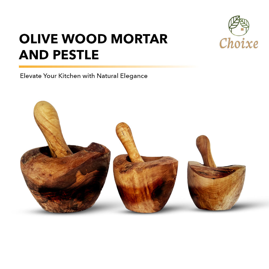 Three wooden mortars and pestles with Choixe branding 