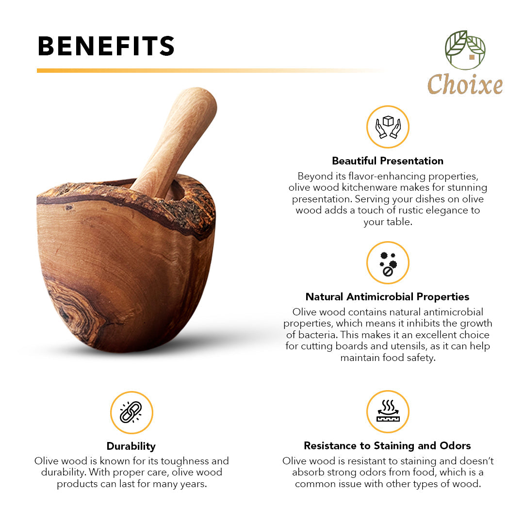 Wooden mortar and pestle with 'Choixe' branding, highlighting benefits 