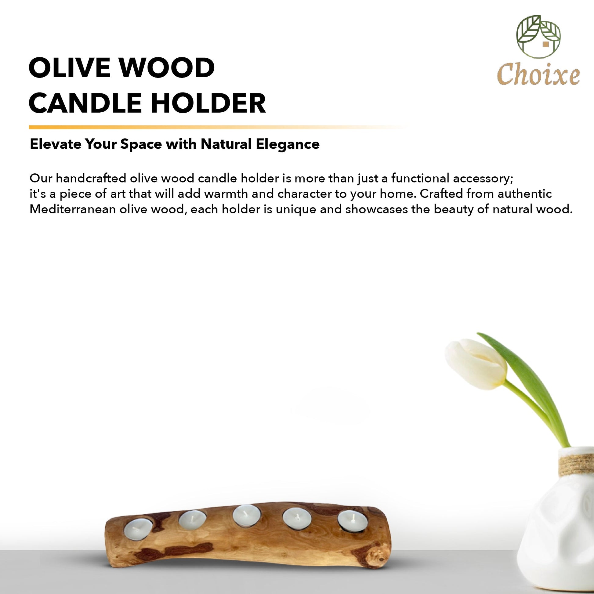Olive wood candle holder with candles on a white surface, featuring the 'Choixe' brand.