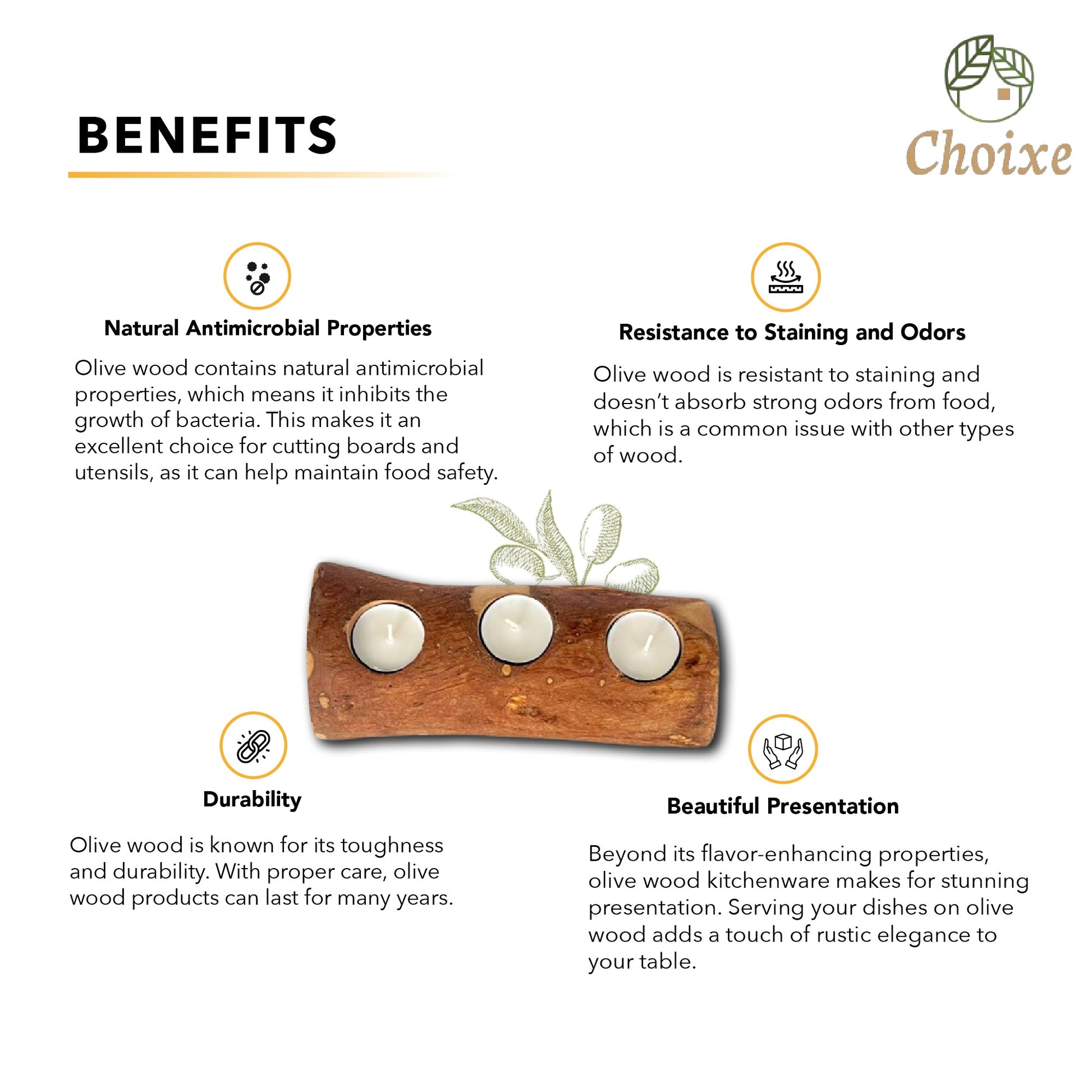 Olive wood cutting board with candles and 'Choixe' branding, featuring benefits of olive wood 