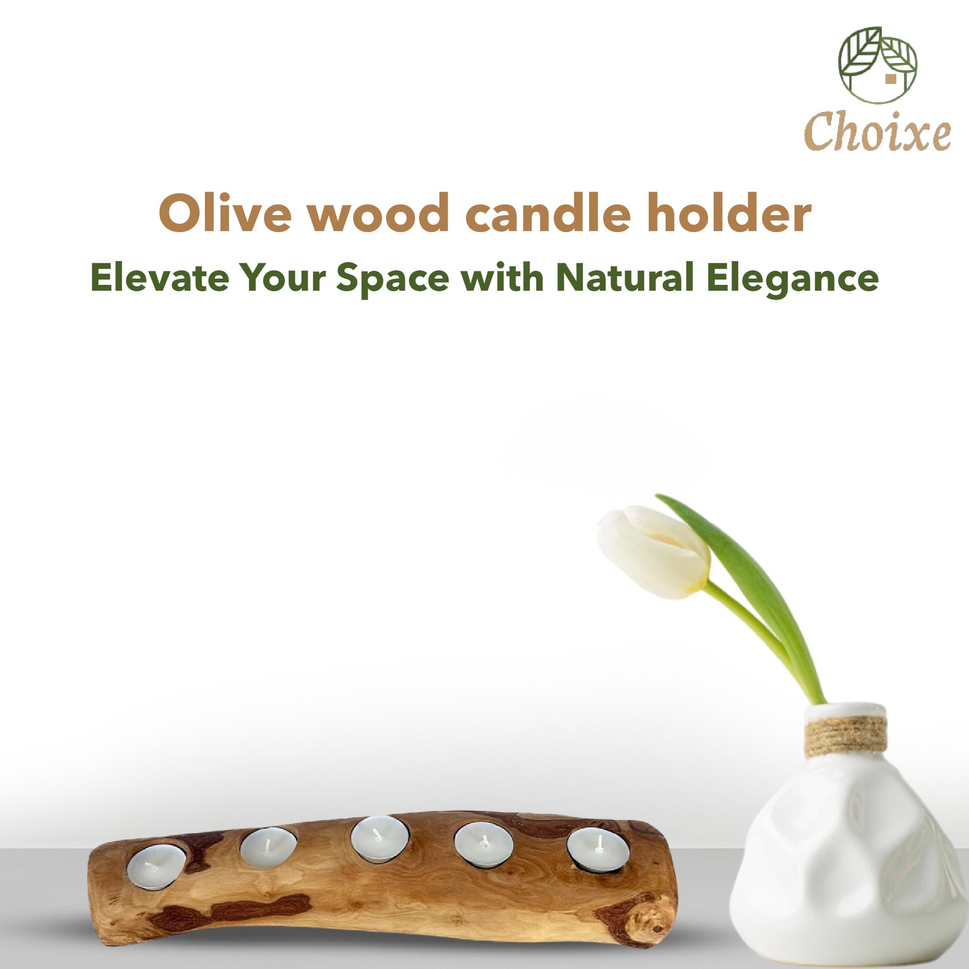 Olive wood candle holder with a white tulip in a vase to add elegance in your home 