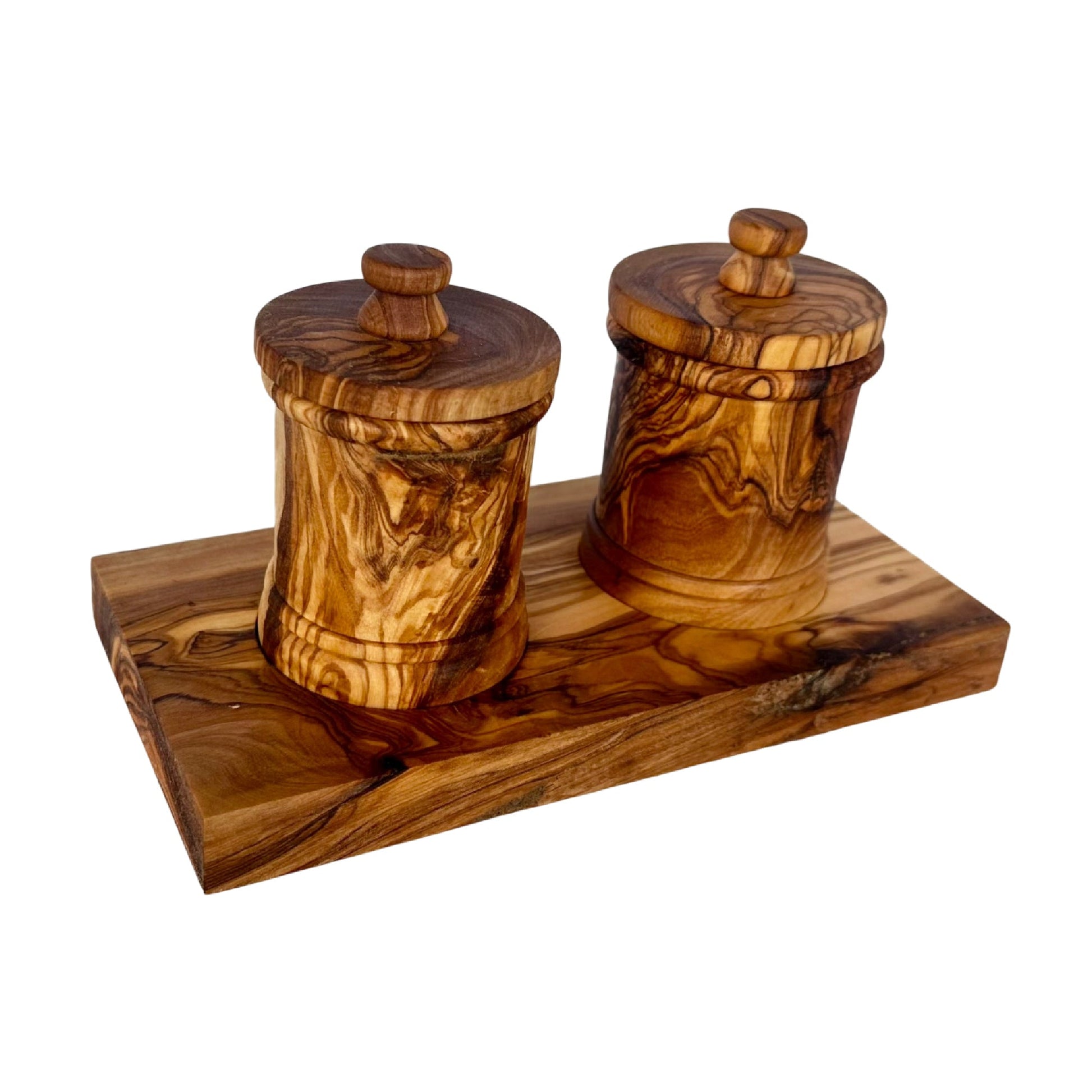 Wooden salt and pepper shakers on a matching wooden base