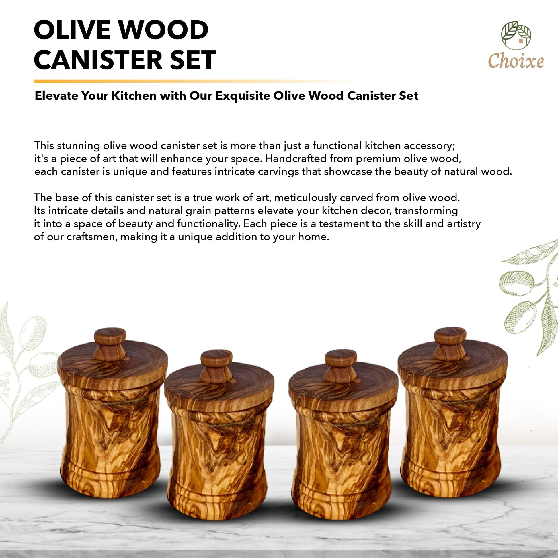 Olive wood canister set on a light background with descriptive text about the product.
