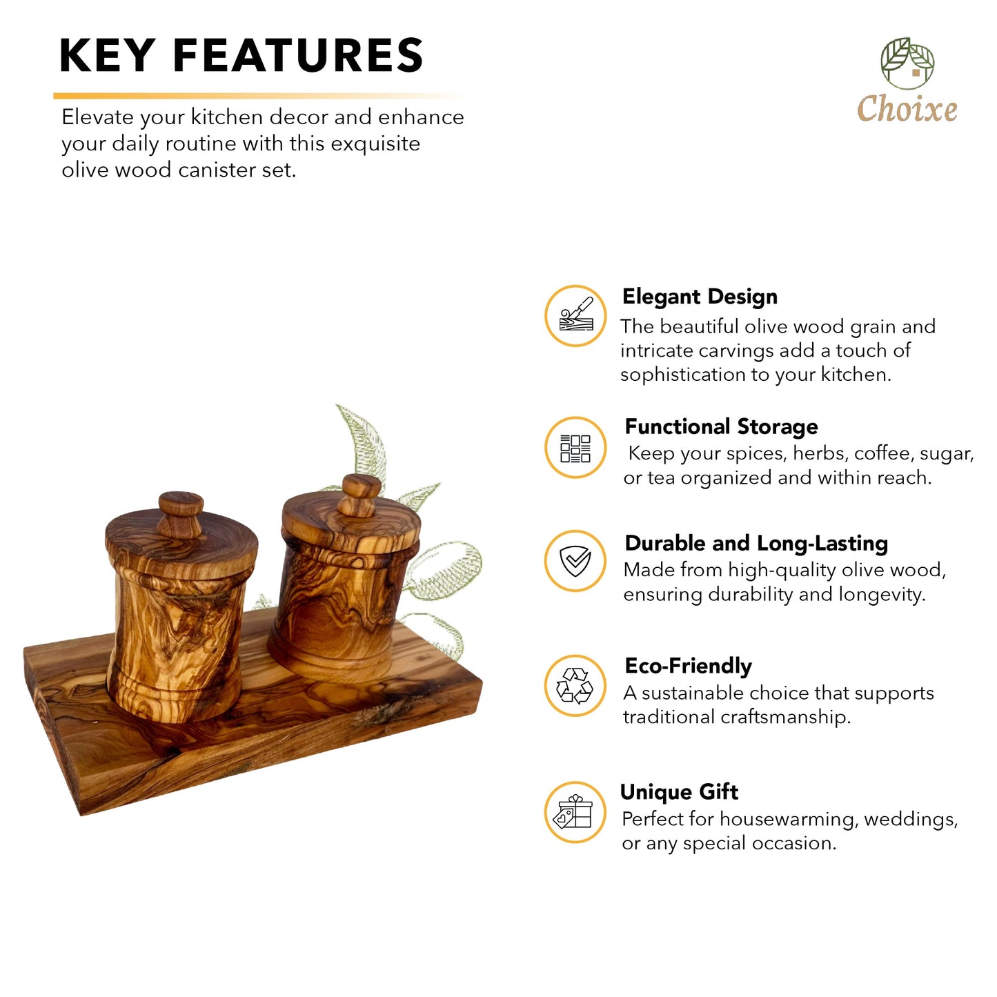 Olive wood canister set with features listed