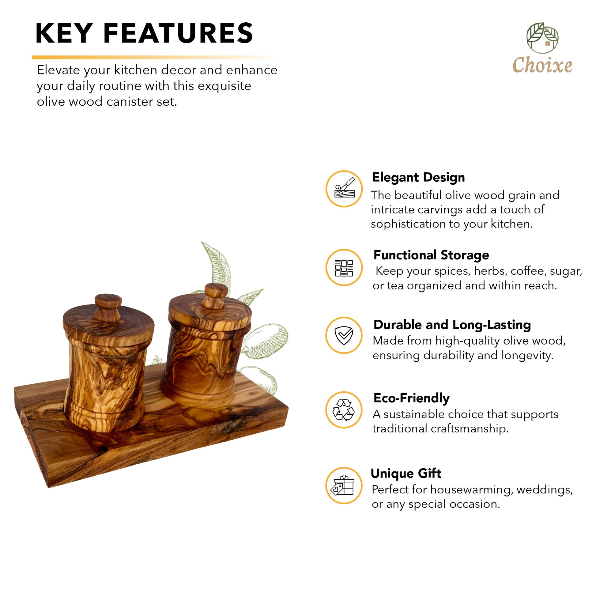 Olive wood canister set with features listed