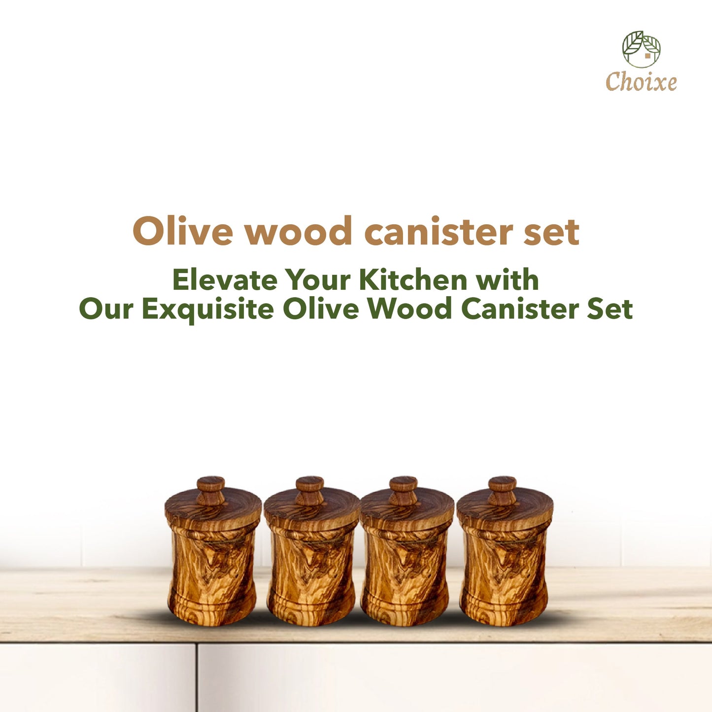 Olive wood canister set on a light wooden surface with 'Choixxe' branding.