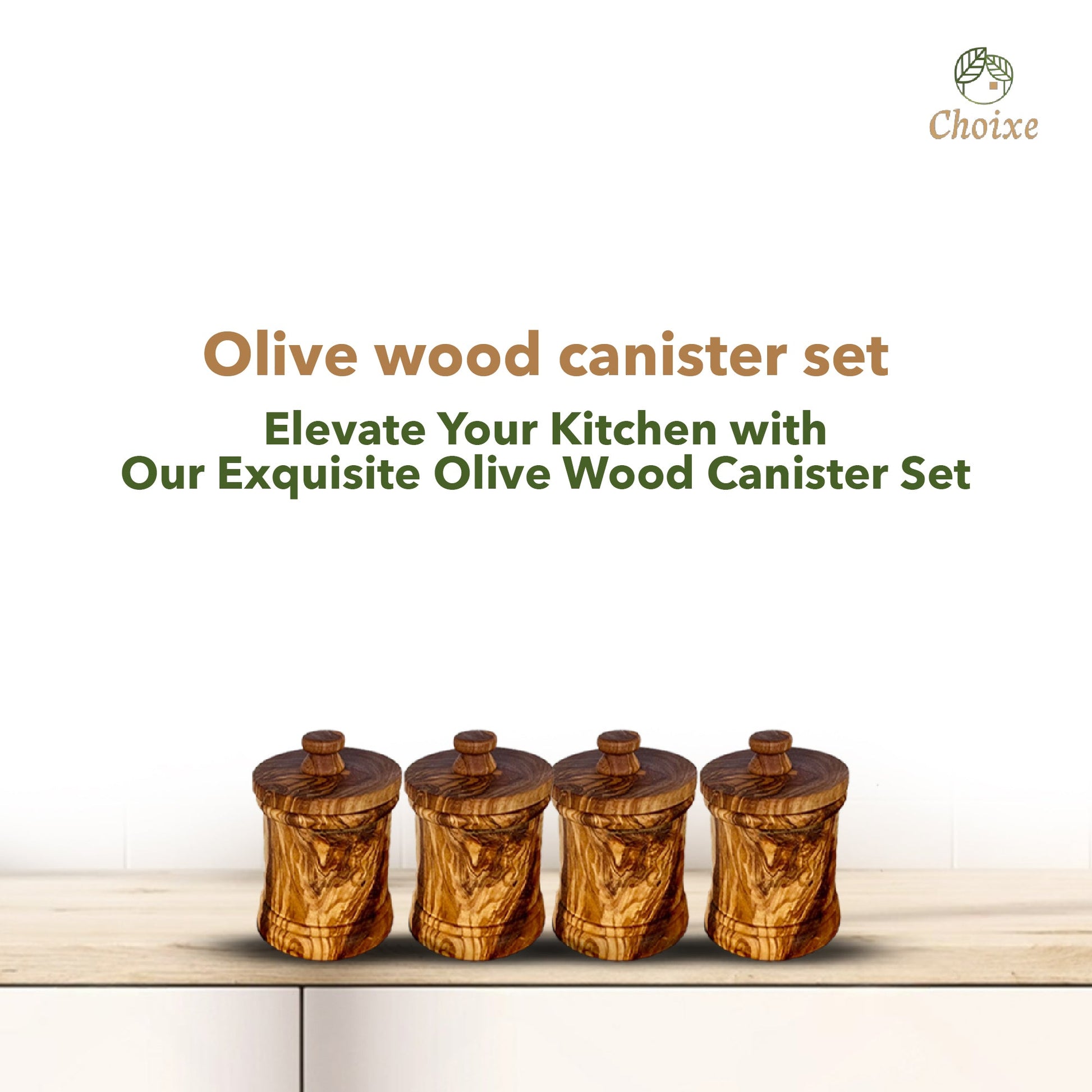 Olive wood canister set on a light wooden surface with 'Choixxe' branding.