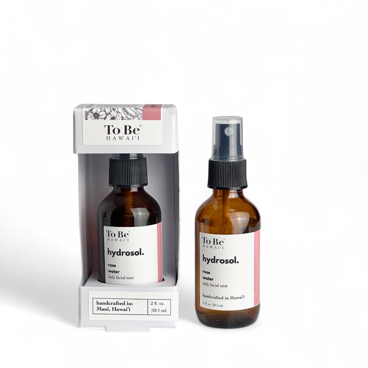 Two bottles of 'To Be Hawaii' hydrosol with packaging 