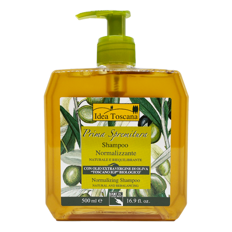 Shampoo bottle with olive oil design and 'Idea Toscana' branding 