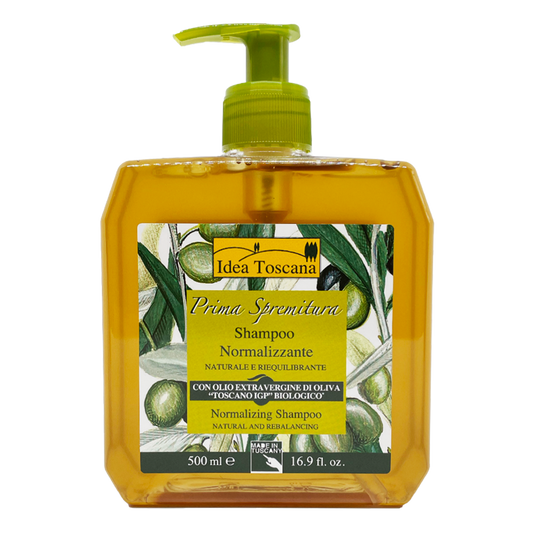Shampoo bottle with olive oil design and 'Idea Toscana' branding 