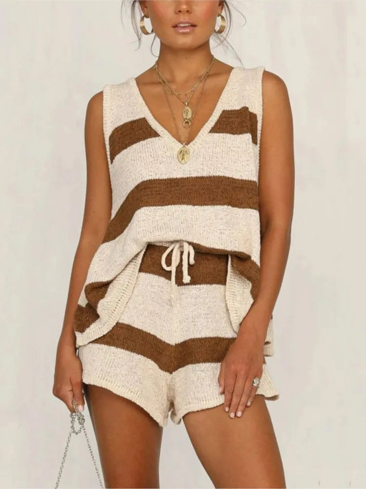 Knit V-neck tank top and drawstring shorts 2-piece set - front view

