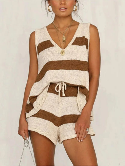Knit V-neck tank top and drawstring shorts 2-piece set - front view
