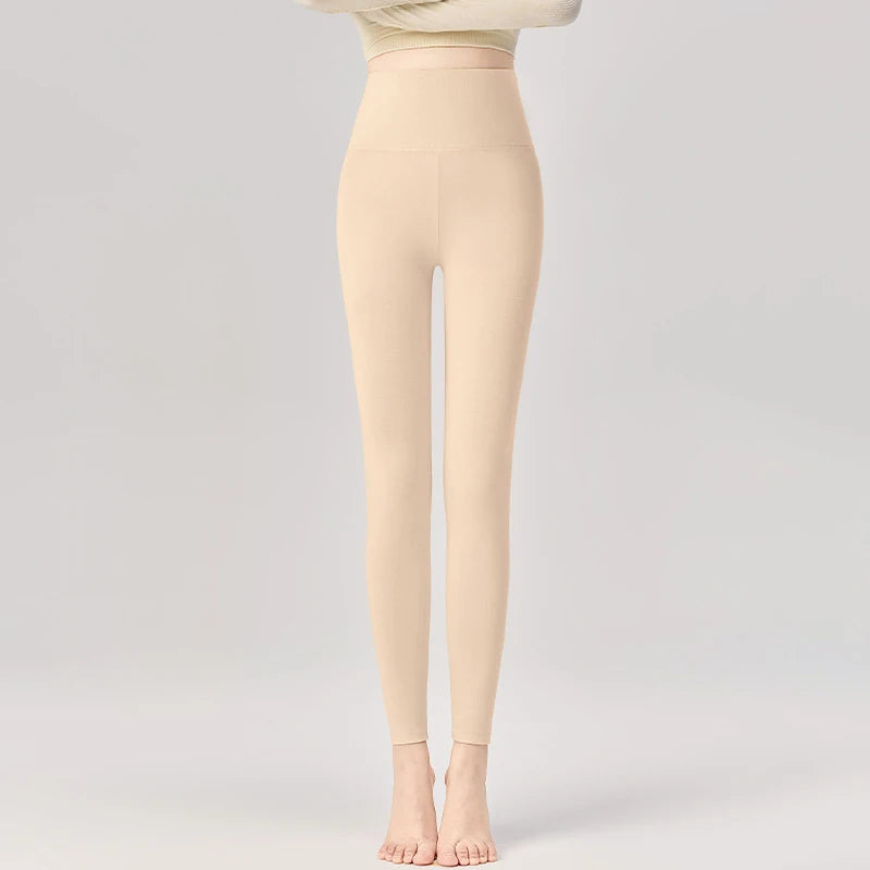 High spandex fleece leggings front view – slim fit tummy control winter pants for women
