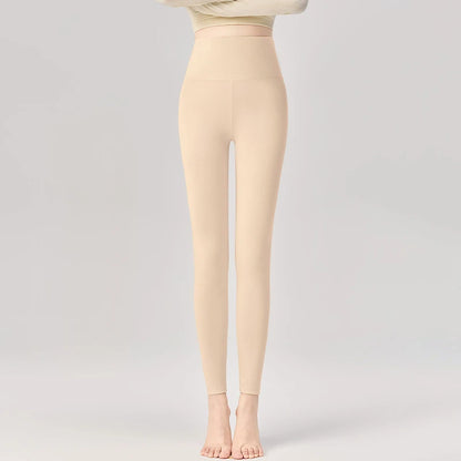 High spandex fleece leggings front view – slim fit tummy control winter pants for women
