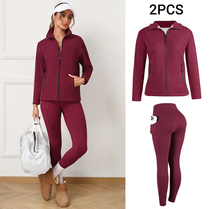 Fleece zip hoodie and butt-lifting legging 2-piece set for women
