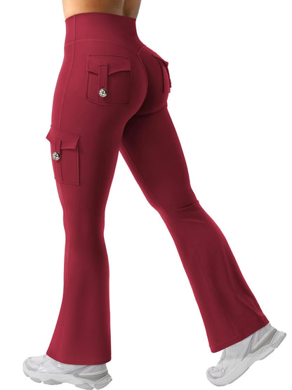 High waist flare leggings with cargo pockets for gym and casual wear
