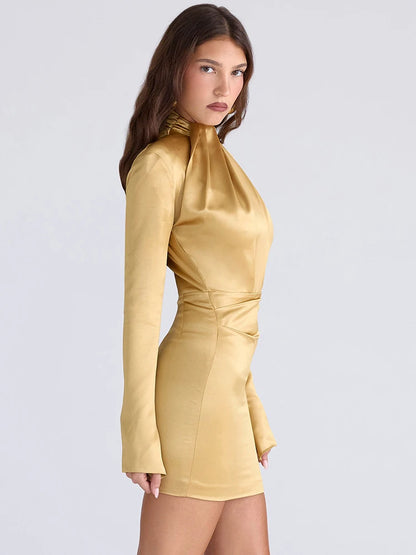 Side view of citrine yellow bodycon dress showcasing figure-hugging ruched design
