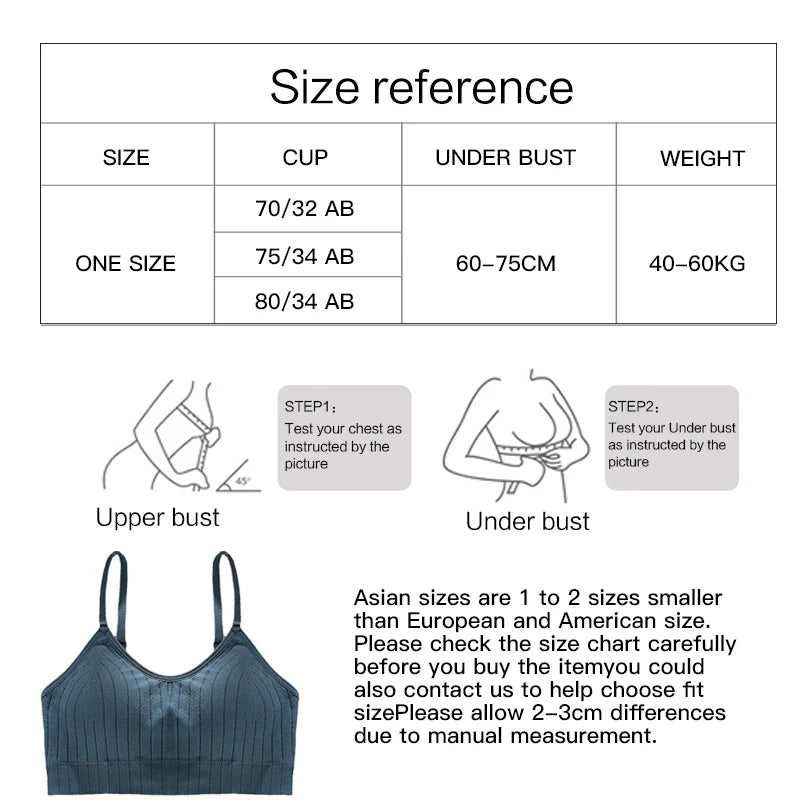 Size reference chart for a sports bra with measurement instructions and an example of the product.