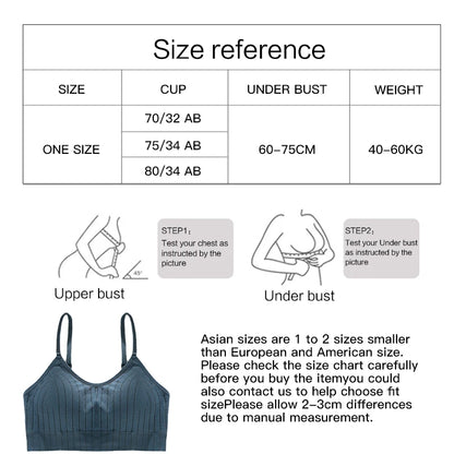 Size reference chart for a sports bra with measurement instructions and an example of the product.