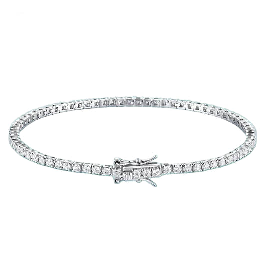 Silver bracelet with moissanite stones on a teal background, featuring a 925 sterling silver stamp.